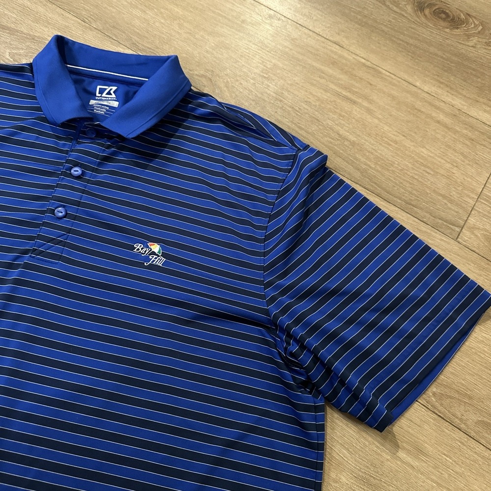 Cutter & Buck CB DryTec‎ Polo Shirt Men's Blue Striped SS Moisture Wicking XL